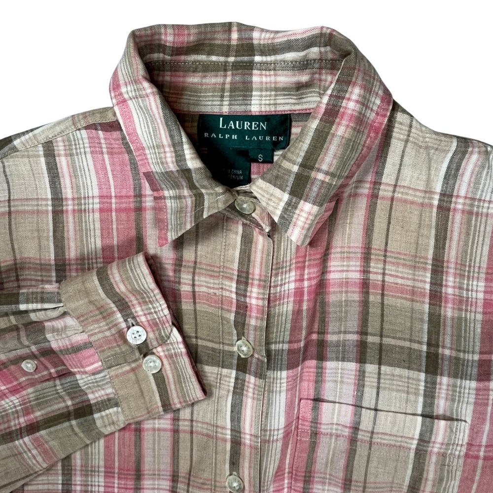 Lauren Ralph Lauren Linen Shirt Women Small Pink Tan Plaid Button Up Long Sleeve